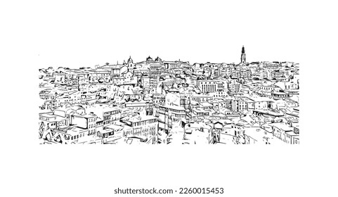 Building view with landmark of Porto is a coastal city in northwest Portugal. Hand drawn sketch illustration in vector.