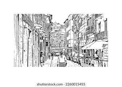 Building view with landmark of Porto is a coastal city in northwest Portugal. Hand drawn sketch illustration in vector.