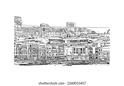 Building view with landmark of Porto is a coastal city in northwest Portugal. Hand drawn sketch illustration in vector.