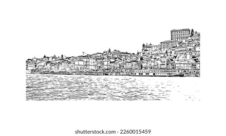 Building view with landmark of Porto is a coastal city in northwest Portugal. Hand drawn sketch illustration in vector.