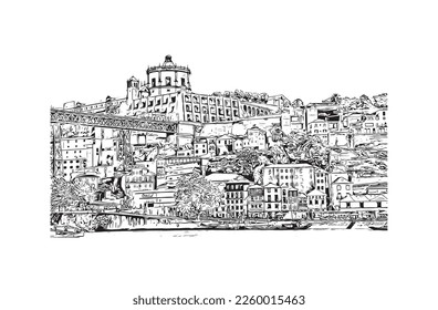 Building view with landmark of Porto is a coastal city in northwest Portugal. Hand drawn sketch illustration in vector.