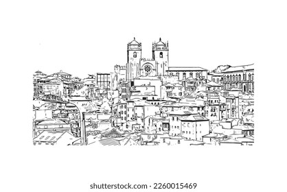 Building view with landmark of Porto is a coastal city in northwest Portugal. Hand drawn sketch illustration in vector.