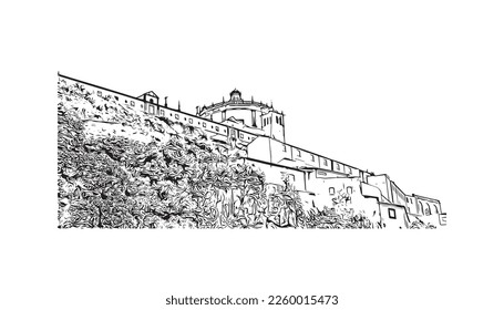 Building view with landmark of Porto is a coastal city in northwest Portugal. Hand drawn sketch illustration in vector.