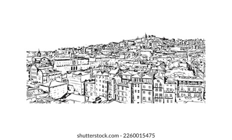 Building view with landmark of Porto is a coastal city in northwest Portugal. Hand drawn sketch illustration in vector.