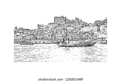 Building view with landmark of Porto is a coastal city in northwest Portugal. Hand drawn sketch illustration in vector.