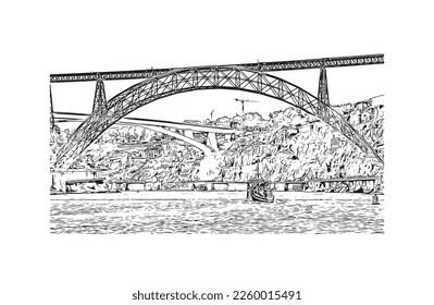 Building view with landmark of Porto is a coastal city in northwest Portugal. Hand drawn sketch illustration in vector.