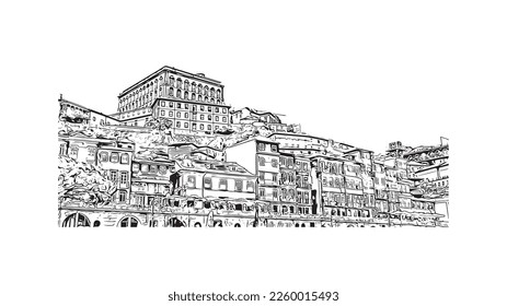 Building view with landmark of Porto is a coastal city in northwest Portugal. Hand drawn sketch illustration in vector.