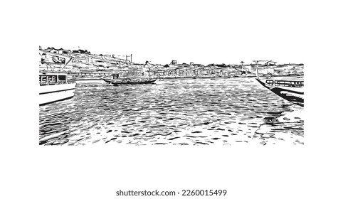 Building view with landmark of Porto is a coastal city in northwest Portugal. Hand drawn sketch illustration in vector.