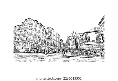 Building view with landmark of Porto is a coastal city in northwest Portugal. Hand drawn sketch illustration in vector.