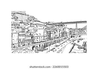 Building view with landmark of Porto is a coastal city in northwest Portugal. Hand drawn sketch illustration in vector.