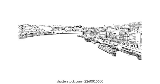 Building view with landmark of Porto is a coastal city in northwest Portugal. Hand drawn sketch illustration in vector.