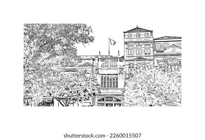 Building view with landmark of Porto is a coastal city in northwest Portugal. Hand drawn sketch illustration in vector.