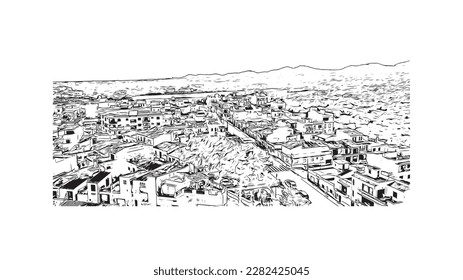 Building view with landmark of Porto Colom is a smallish town in Mallorca. Hand drawn sketch illustration in vector.