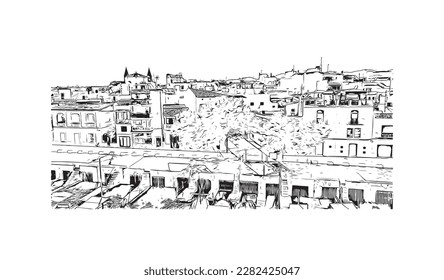 Building view with landmark of Porto Colom is a smallish town in Mallorca. Hand drawn sketch illustration in vector.