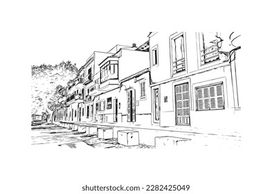 Building view with landmark of Porto Colom is a smallish town in Mallorca. Hand drawn sketch illustration in vector.