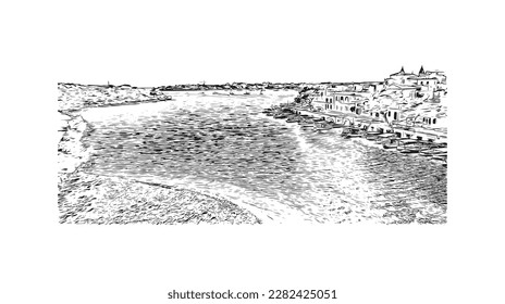 Building view with landmark of Porto Colom is a smallish town in Mallorca. Hand drawn sketch illustration in vector.