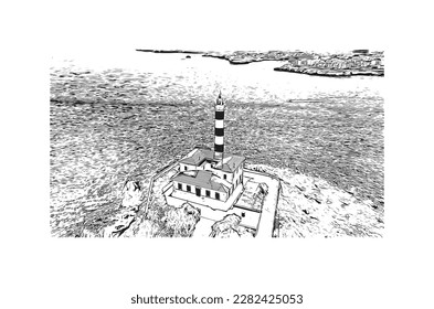 Building view with landmark of Porto Colom is a smallish town in Mallorca. Hand drawn sketch illustration in vector.