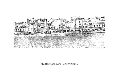 Building view with landmark of Porto Colom is a smallish town in Mallorca. Hand drawn sketch illustration in vector.