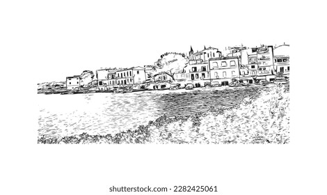 Building view with landmark of Porto Colom is a smallish town in Mallorca. Hand drawn sketch illustration in vector.