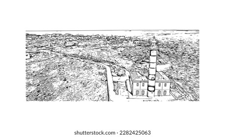 Building view with landmark of Porto Colom is a smallish town in Mallorca. Hand drawn sketch illustration in vector.