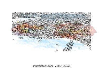 Building view with landmark of Porto Colom is a smallish town in Mallorca. Watercolor splash with Hand drawn sketch illustration in vector.