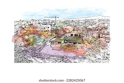 Building view with landmark of Porto Colom is a smallish town in Mallorca. Watercolor splash with Hand drawn sketch illustration in vector.