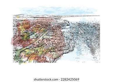 Building view with landmark of Porto Colom is a smallish town in Mallorca. Watercolor splash with Hand drawn sketch illustration in vector.