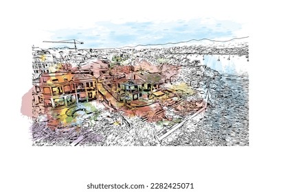 Building view with landmark of Porto Colom is a smallish town in Mallorca. Watercolor splash with Hand drawn sketch illustration in vector.
