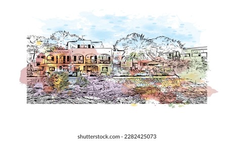 Building view with landmark of Porto Colom is a smallish town in Mallorca. Watercolor splash with Hand drawn sketch illustration in vector.