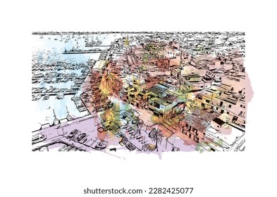 Building view with landmark of Porto Colom is a smallish town in Mallorca. Watercolor splash with Hand drawn sketch illustration in vector.