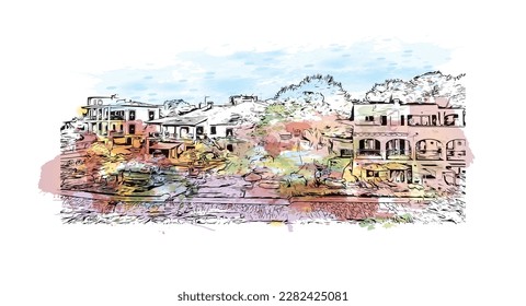 Building view with landmark of Porto Colom is a smallish town in Mallorca. Watercolor splash with Hand drawn sketch illustration in vector.