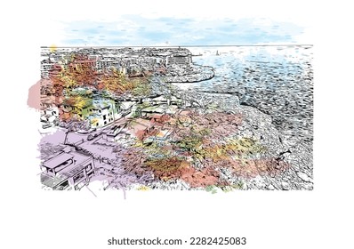 Building view with landmark of Porto Colom is a smallish town in Mallorca. Watercolor splash with Hand drawn sketch illustration in vector.