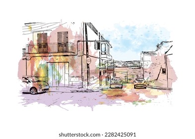 Building view with landmark of Porto Colom is a smallish town in Mallorca. Watercolor splash with Hand drawn sketch illustration in vector.