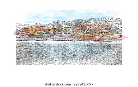 Building view with landmark of Porto Colom is a smallish town in Mallorca. Watercolor splash with Hand drawn sketch illustration in vector.