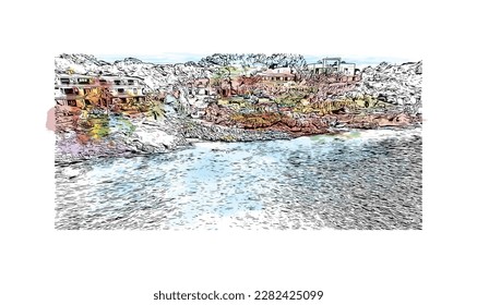 Building view with landmark of Porto Colom is a smallish town in Mallorca. Watercolor splash with Hand drawn sketch illustration in vector.