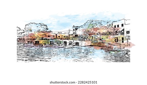 Building view with landmark of Porto Colom is a smallish town in Mallorca. Watercolor splash with Hand drawn sketch illustration in vector.