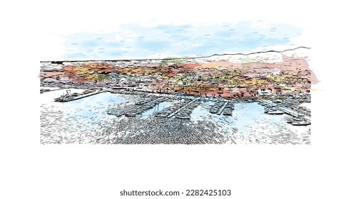 Building view with landmark of Porto Colom is a smallish town in Mallorca. Watercolor splash with Hand drawn sketch illustration in vector.