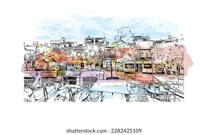 Building view with landmark of Porto Colom is a smallish town in Mallorca. Watercolor splash with Hand drawn sketch illustration in vector.