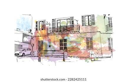 Building view with landmark of Porto Colom is a smallish town in Mallorca. Watercolor splash with Hand drawn sketch illustration in vector.