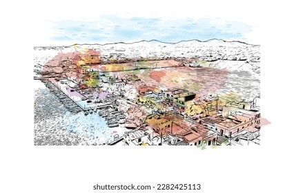 Building view with landmark of Porto Colom is a smallish town in Mallorca. Watercolor splash with Hand drawn sketch illustration in vector.