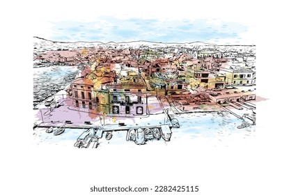 Building view with landmark of Porto Colom is a smallish town in Mallorca. Watercolor splash with Hand drawn sketch illustration in vector.