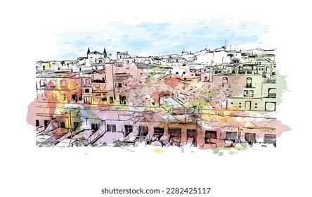 Building view with landmark of Porto Colom is a smallish town in Mallorca. Watercolor splash with Hand drawn sketch illustration in vector.