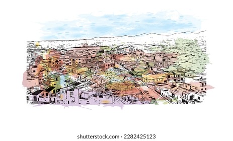 Building view with landmark of Porto Colom is a smallish town in Mallorca. Watercolor splash with Hand drawn sketch illustration in vector.