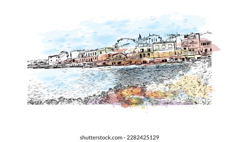 Building view with landmark of Porto Colom is a smallish town in Mallorca. Watercolor splash with Hand drawn sketch illustration in vector.