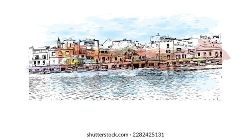 Building view with landmark of Porto Colom is a smallish town in Mallorca. Watercolor splash with Hand drawn sketch illustration in vector.