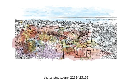 Building view with landmark of Porto Colom is a smallish town in Mallorca. Watercolor splash with Hand drawn sketch illustration in vector.