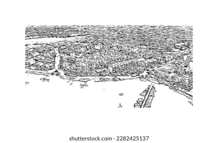 Building view with landmark of Porto Colom is a smallish town in Mallorca. Hand drawn sketch illustration in vector.