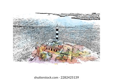 Building view with landmark of Porto Colom is a smallish town in Mallorca. Watercolor splash with Hand drawn sketch illustration in vector.