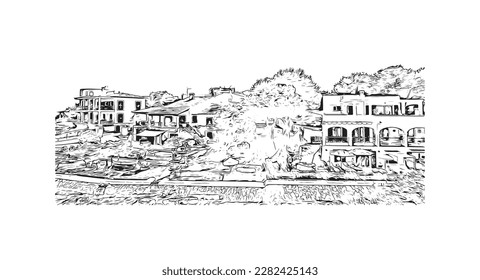 Building view with landmark of Porto Colom is a smallish town in Mallorca. Hand drawn sketch illustration in vector.