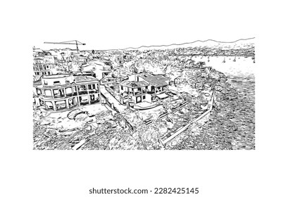 Building view with landmark of Porto Colom is a smallish town in Mallorca. Hand drawn sketch illustration in vector.